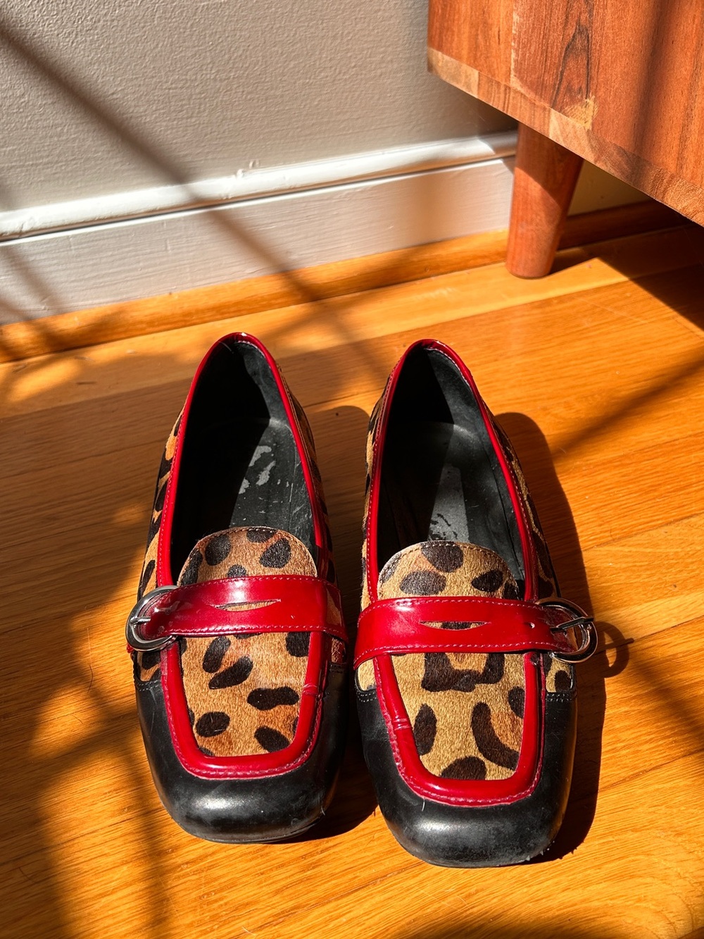 Leopard Calf Hair Loafers Square Toe Black Red Patent Buckle Trim - Size 7